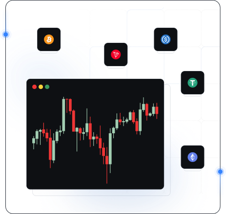 Cryptocurrency candlestick chart and crypto asset icons in a browser-style dashboard