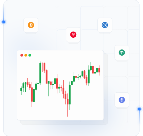Cryptocurrency candlestick chart and crypto asset icons in a browser-style dashboard