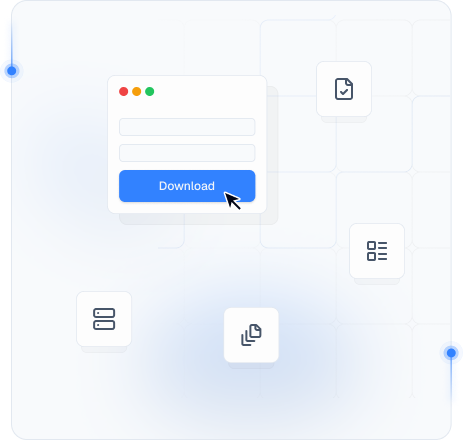 Data collection illustration with an app window, documents, and network paths representing mobile proxy workflows