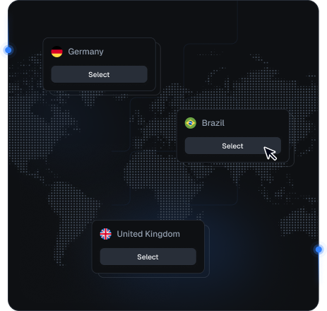 World map with Proxied mobile proxy locations in Germany, Brazil, and the United Kingdom