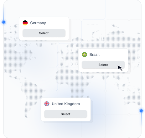 Mapa-múndi com localizações de proxies móveis da Proxied na Alemanha, no Brasil e no Reino Unido