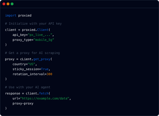 Code example showing Proxied client setup, proxy selection, and fetch with Python SDK