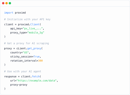 Code example showing Proxied client setup, proxy selection, and fetch with Python SDK