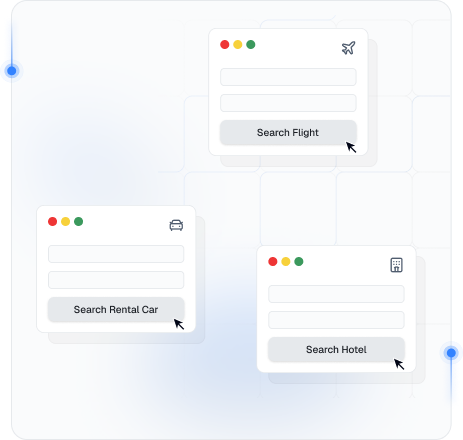 Travel fare aggregation interface showing flight, rental car, and hotel search panels